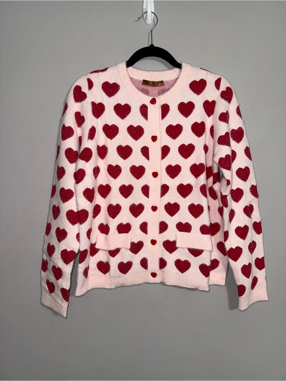 Belldini Women’s Pink Cardigan Sweater with Red Heart Pattern Large